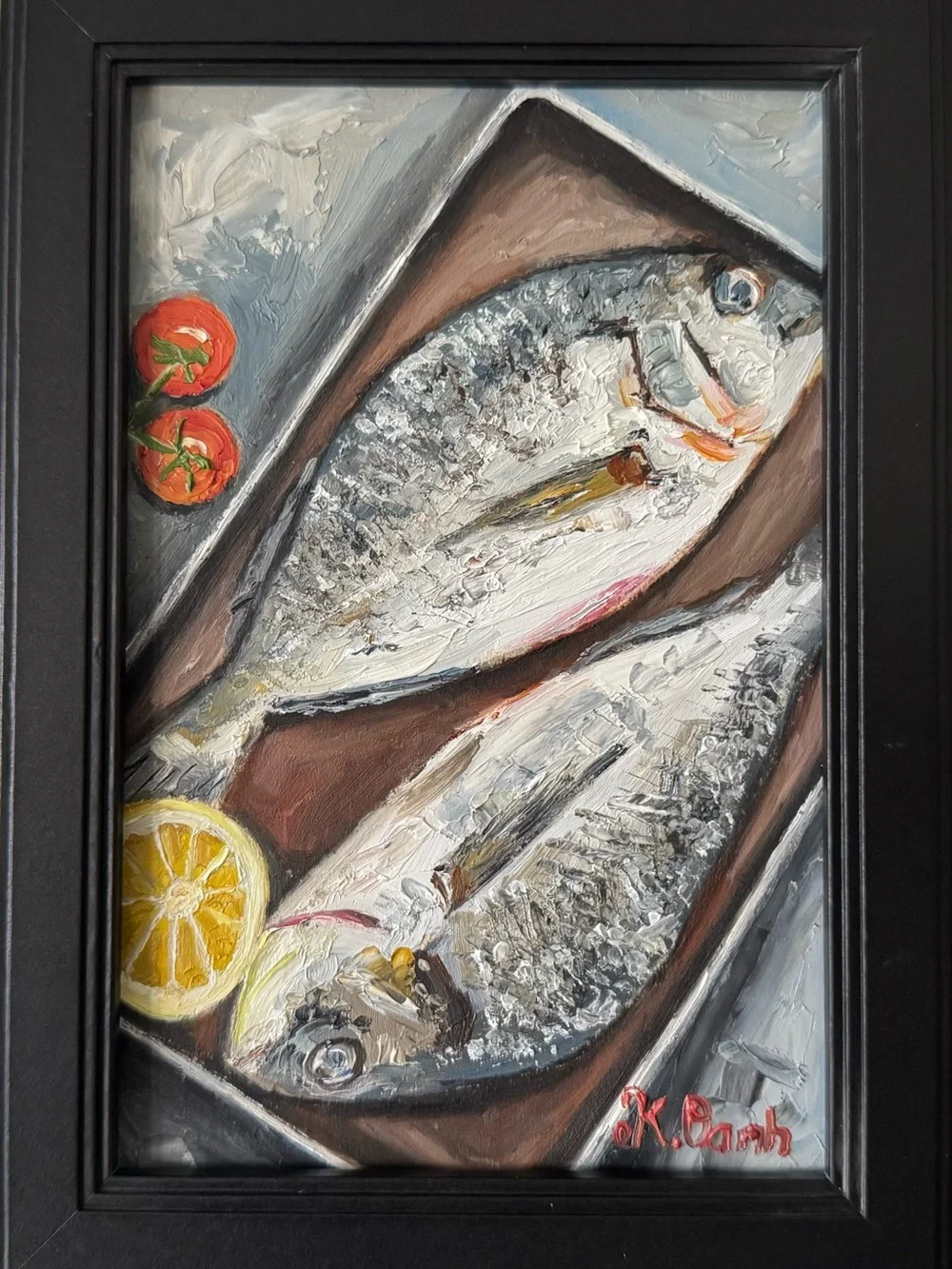 Original oil painting Hand-Painted fishes signed framed 4x6 inches